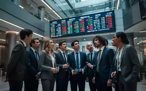 Professionelle Geschäftsleute in einer modernen Bürolobby betrachten einen digitalen Börsenticker, der Finanzdaten anzeigt. - Foto: über boerse-global.de