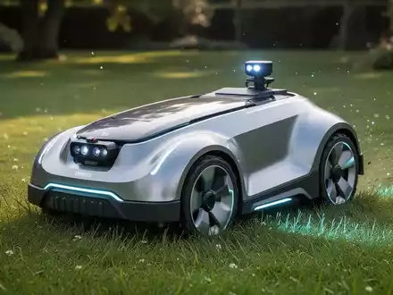 A sleek, futuristic robotic lawn mower with AI dual-vision cameras cutting a vibrant green lawn. - Foto: über boerse-global.de