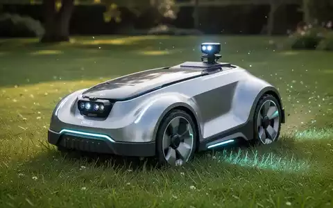 A sleek, futuristic robotic lawn mower with AI dual-vision cameras cutting a vibrant green lawn. - Foto: über boerse-global.de
