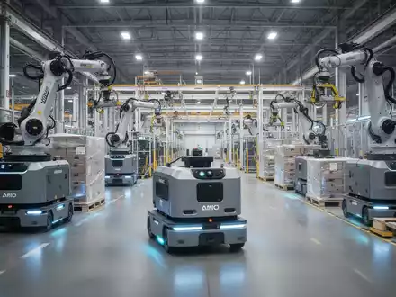 Heavy-duty autonomous mobile robots (AMRs) transporting materials on a factory floor, illustrating industrial automation. - Foto: über boerse-global.de