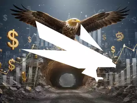 Ein stilisierter goldener Adler fliegt über einen Mineneingang, umgeben von Finanzdaten, die eine Akquisition im Bergbau darstellen. - Foto: über boerse-global.de