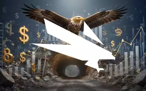 Ein stilisierter goldener Adler fliegt über einen Mineneingang, umgeben von Finanzdaten, die eine Akquisition im Bergbau darstellen. - Foto: über boerse-global.de