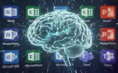 A glowing, stylized AI brain with subtle digital static overlaid on a background of blurred Microsoft 365 application icons. - Foto: über boerse-global.de