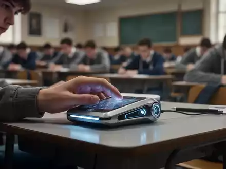 A student's hand secretly uses a high-tech AI device during an exam, with a blurred lecture hall in the background. - Foto: über boerse-global.de