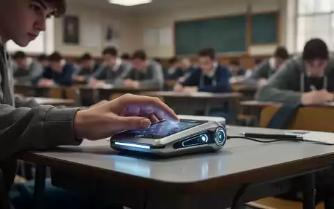 A student's hand secretly uses a high-tech AI device during an exam, with a blurred lecture hall in the background. - Foto: über boerse-global.de