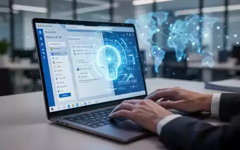 A glowing AI assistant interface on a laptop screen, integrated with Microsoft 365, with hands on the keyboard in a modern office. - Foto: über boerse-global.de
