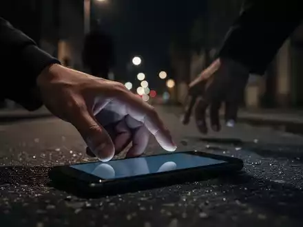 Eine Hand greift nach einem Smartphone auf einer dunklen Straße bei Nacht, mit einer verschwommenen Silhouette im Hintergrund. - Foto: über boerse-global.de