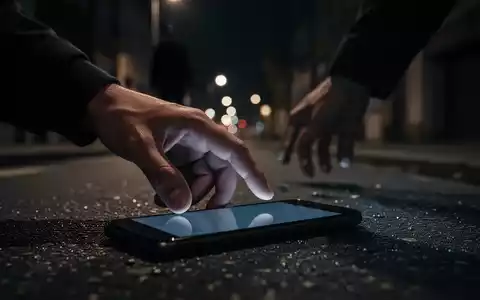 Eine Hand greift nach einem Smartphone auf einer dunklen Straße bei Nacht, mit einer verschwommenen Silhouette im Hintergrund. - Foto: über boerse-global.de