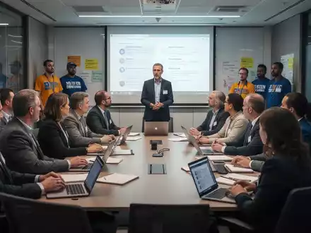 Eine Gruppe von Arbeitnehmervertretern nimmt an einer Schulung in einem modernen Konferenzraum teil, hört einem Sprecher zu. - Foto: über boerse-global.de