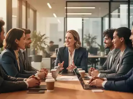 Führungskraft im Gespräch mit Teammitgliedern in einem modernen Büro. Die Szene vermittelt Unterstützung und Zusammenarbeit. - Foto: über boerse-global.de