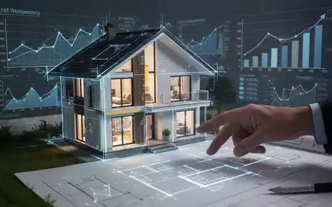 Ein stilisiertes modernes Haus mit blauem Bauplan-Overlay, das Energieeffizienz-Upgrades darstellt, mit Finanzdiagrammen im Hintergrund. - Foto: über boerse-global.de