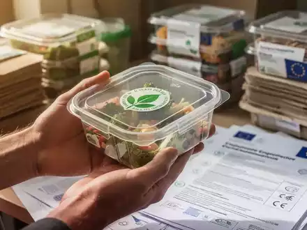Hände halten eine transparente, umweltfreundliche Lebensmittelverpackung. Im Hintergrund unscharf Verpackungsmaterialien und EU-Dokumente. - Foto: über boerse-global.de
