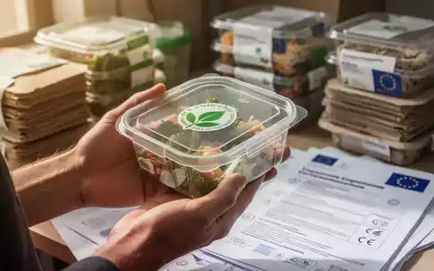 Hände halten eine transparente, umweltfreundliche Lebensmittelverpackung. Im Hintergrund unscharf Verpackungsmaterialien und EU-Dokumente. - Foto: über boerse-global.de