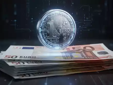 A glowing digital Euro coin floats above a stack of Euro banknotes, representing the debate between digital and physical currency. - Foto: über boerse-global.de