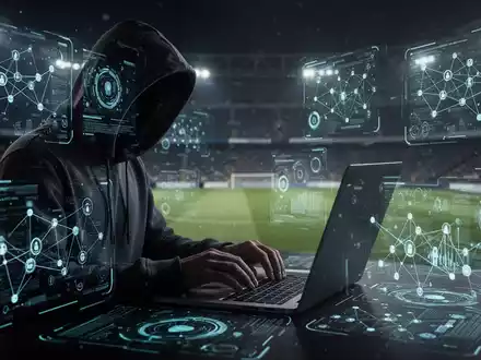 A shadowy figure in a hoodie types on a laptop, surrounded by glowing digital interfaces with data and network nodes, a blurred soccer stadium in the background. - Foto: über boerse-global.de