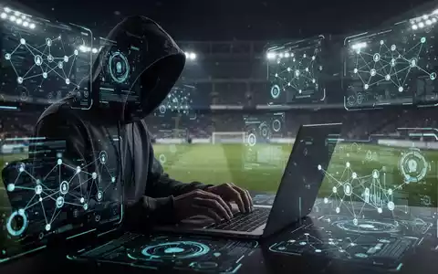 A shadowy figure in a hoodie types on a laptop, surrounded by glowing digital interfaces with data and network nodes, a blurred soccer stadium in the background. - Foto: über boerse-global.de