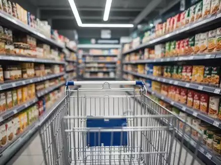 Ein Einkaufswagen steht in einem Supermarktgång, Regale mit Lebensmitteln im Hintergrund. - Foto: über boerse-global.de