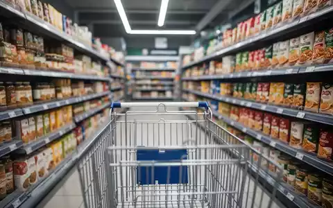 Ein Einkaufswagen steht in einem Supermarktgång, Regale mit Lebensmitteln im Hintergrund. - Foto: über boerse-global.de