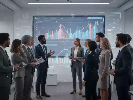 Eine Gruppe von Geschäftsleuten diskutiert vor einem Bildschirm mit Finanzdaten, was Digitalisierung und Strategie darstellt. - Foto: über boerse-global.de