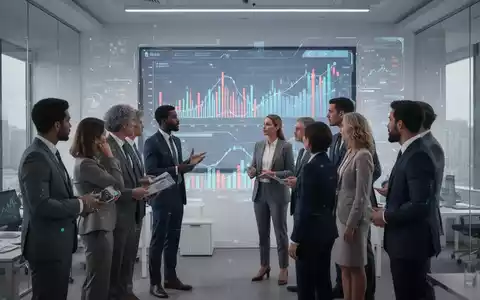 Eine Gruppe von Geschäftsleuten diskutiert vor einem Bildschirm mit Finanzdaten, was Digitalisierung und Strategie darstellt. - Foto: über boerse-global.de