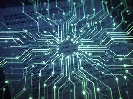 Abstrakte Darstellung von KI-Regulierung, mit leuchtenden Schaltkreisen und überlagerten Textfragmenten, die Kontrolle und Innovation symbolisieren. - Foto: über boerse-global.de