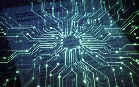 Abstrakte Darstellung von KI-Regulierung, mit leuchtenden Schaltkreisen und überlagerten Textfragmenten, die Kontrolle und Innovation symbolisieren. - Foto: über boerse-global.de