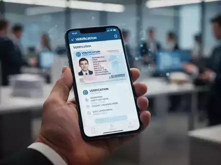 Eine Hand hält ein Smartphone mit einer digitalen Anzeige, die einen Versicherungsnummernachweis symbolisiert, in einem Büro. - Foto: über boerse-global.de