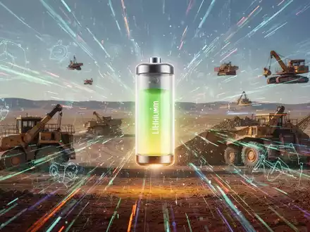Ein stilisiertes, leuchtendes Lithium-Ion umgeben von schnellen Datenströmen und digitalen Bergbau-Darstellungen. - Foto: über boerse-global.de