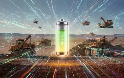 Ein stilisiertes, leuchtendes Lithium-Ion umgeben von schnellen Datenströmen und digitalen Bergbau-Darstellungen. - Foto: über boerse-global.de