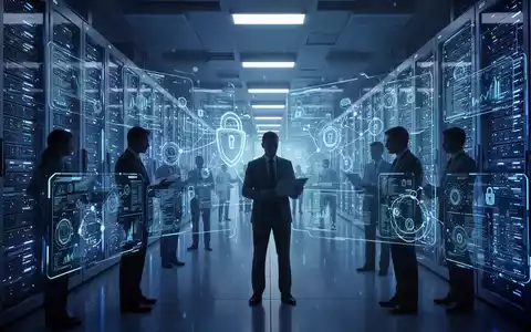 Ein modernes Rechenzentrum mit leuchtenden Server-Racks und Silhouetten von Finanzexperten, die Daten prüfen, symbolisiert Cybersicherheit und Compliance. - Foto: über boerse-global.de