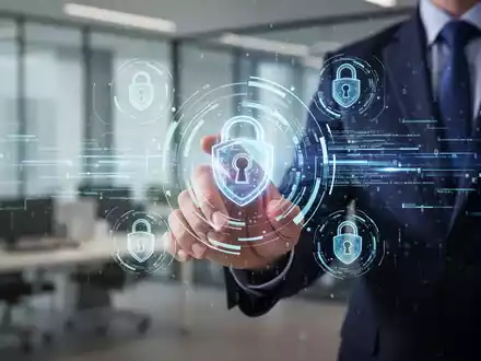 Eine Hand interagiert mit einem digitalen Bildschirm, der Cybersicherheitsdaten und Symbole anzeigt, in einem modernen Büroumfeld. - Foto: über boerse-global.de