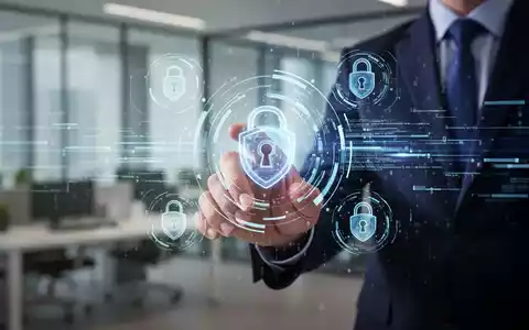 Eine Hand interagiert mit einem digitalen Bildschirm, der Cybersicherheitsdaten und Symbole anzeigt, in einem modernen Büroumfeld. - Foto: über boerse-global.de