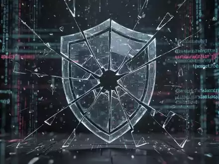 Ein stilisiertes, zerbrochenes digitales Schild-Symbol über leuchtenden Datenströmen und fragmentiertem Code, das eine Datenpanne symbolisiert. - Foto: über boerse-global.de