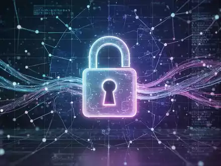 Ein stilisiertes, leuchtendes Vorhängeschloss-Symbol über einem digitalen Netzwerkraster mit abstrakten Datenströmen, das Datensicherheit und -verletzungen symbolisiert. - Foto: über boerse-global.de