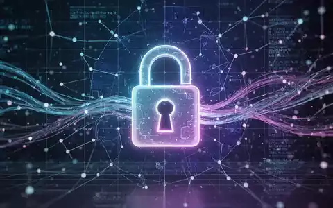 Ein stilisiertes, leuchtendes Vorhängeschloss-Symbol über einem digitalen Netzwerkraster mit abstrakten Datenströmen, das Datensicherheit und -verletzungen symbolisiert. - Foto: über boerse-global.de