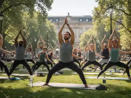 Eine Gruppe von Menschen praktiziert Yoga in einem sonnigen Park, umgeben von grünen Bäumen und einem historischen Gebäude. - Foto: über boerse-global.de