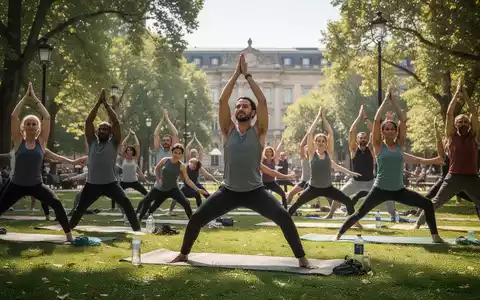 Eine Gruppe von Menschen praktiziert Yoga in einem sonnigen Park, umgeben von grünen Bäumen und einem historischen Gebäude. - Foto: über boerse-global.de