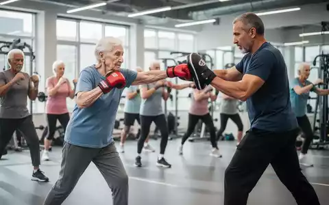 Senioren trainieren therapeutisches Kickboxen in einem hellen Fitnessstudio, fokussiert auf Bewegung und Koordination. - Foto: über boerse-global.de