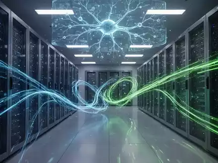 Futuristischer Serverraum mit leuchtenden Datenspuren und einer holografischen KI-Projektion. - Foto: über boerse-global.de