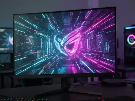 A close-up of a high-end gaming monitor displaying colorful, futuristic graphics, with a subtle glow. - Foto: über boerse-global.de