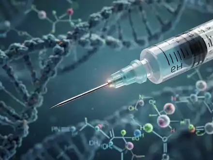 Eine Nahaufnahme einer Spritze mit einem verschwommenen Hintergrund aus DNA-Strängen und Stoffwechselwegen. - Foto: über boerse-global.de