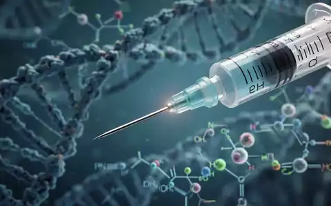 Eine Nahaufnahme einer Spritze mit einem verschwommenen Hintergrund aus DNA-StrĂ€ngen und Stoffwechselwegen. - Foto: ĂŒber boerse-global.de