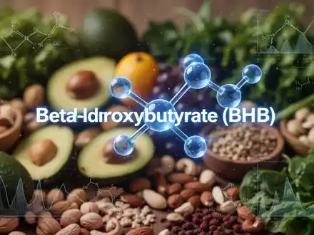 Ein stilisiertes, blau leuchtendes Molekül von Beta-Hydroxybutyrat über unscharfem Hintergrund von gesunden, kohlenhydratarmen Lebensmitteln. - Foto: über boerse-global.de