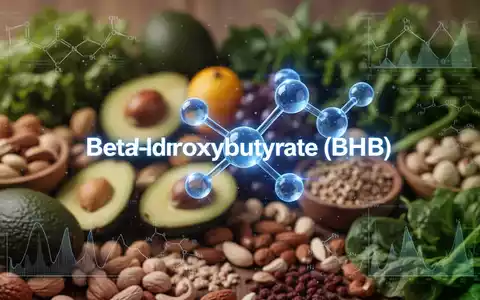 Ein stilisiertes, blau leuchtendes Molekül von Beta-Hydroxybutyrat über unscharfem Hintergrund von gesunden, kohlenhydratarmen Lebensmitteln. - Foto: über boerse-global.de