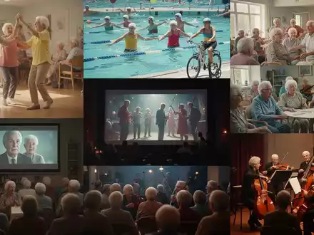 Senioren nehmen an verschiedenen Freizeit- und Kulturaktivitäten teil, darunter Tanz, Schwimmen, Radfahren und ein Konzert. - Foto: über boerse-global.de