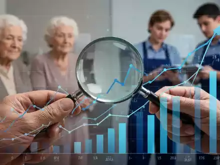 Eine Hand hält eine Lupe über eine Finanzgrafik, die fallende und steigende Linien zeigt, was die Belastung der Sozialsysteme symbolisiert. - Foto: über boerse-global.de