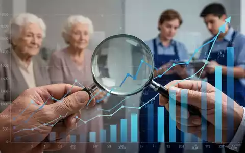 Eine Hand hält eine Lupe über eine Finanzgrafik, die fallende und steigende Linien zeigt, was die Belastung der Sozialsysteme symbolisiert. - Foto: über boerse-global.de