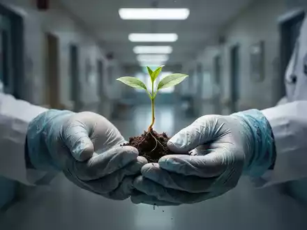 Hände eines Arztes mit Handschuhen halten eine zerbrechliche Pflanze vor einem unscharfen Krankenhausflur. - Foto: über boerse-global.de