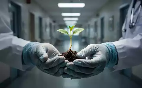 Hände eines Arztes mit Handschuhen halten eine zerbrechliche Pflanze vor einem unscharfen Krankenhausflur. - Foto: über boerse-global.de