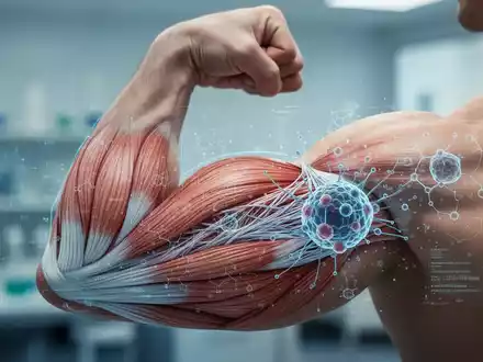 Nahaufnahme eines menschlichen Bizeps, der leicht angespannt ist, mit einer wissenschaftlichen Grafik, die Muskeln und Zellen darstellt. - Foto: über boerse-global.de